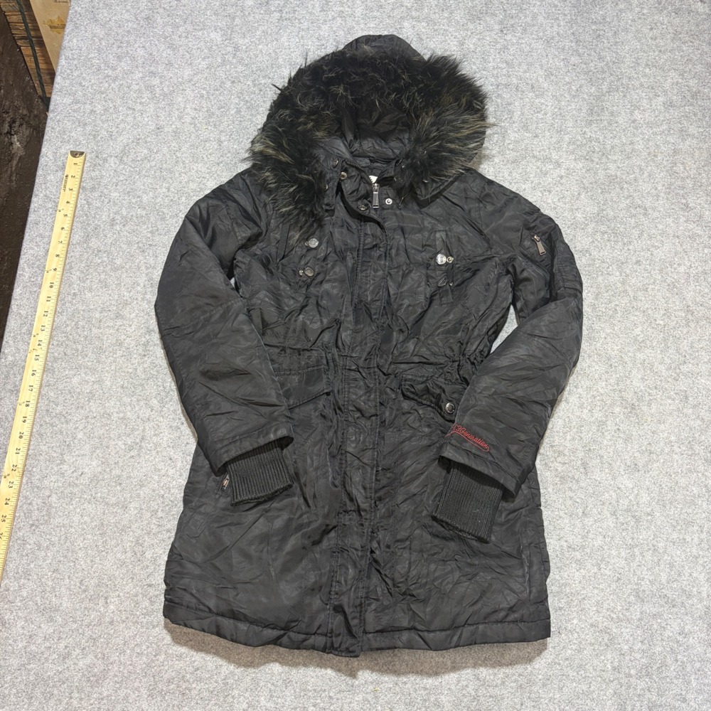 BCBGeneration Black Faux Fur Trim Hooded Parka Jacket Womens Small